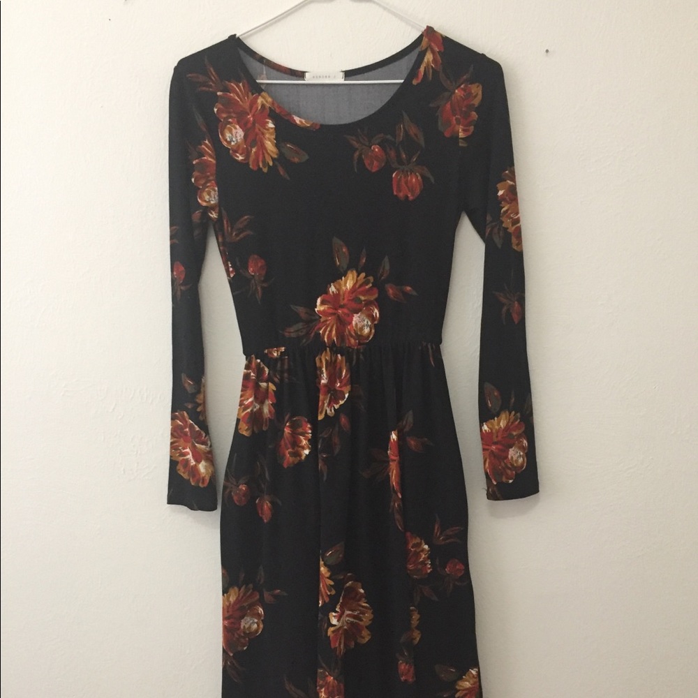 Reborn j Rust black Floral Midi Dress